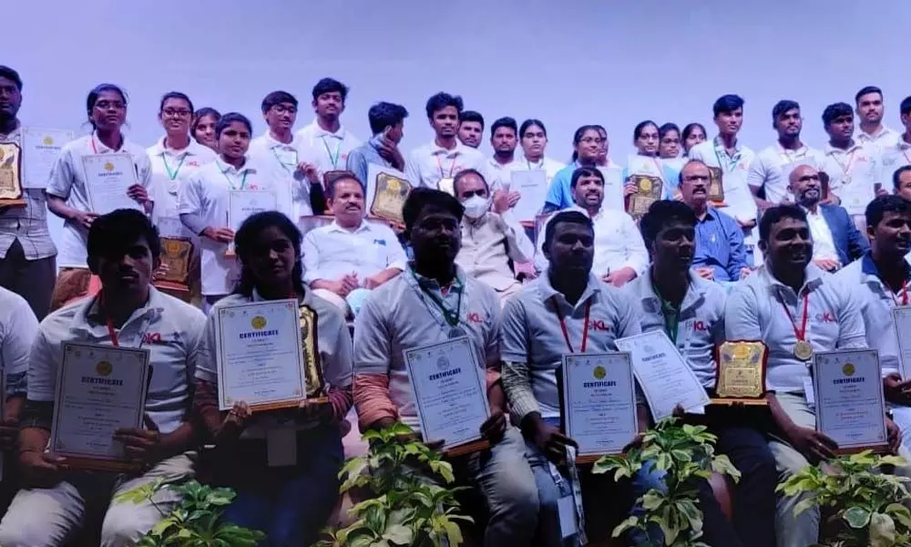 Winners of the State-level skill competition displaying their certificates at Vaddeswaram on Wednesday