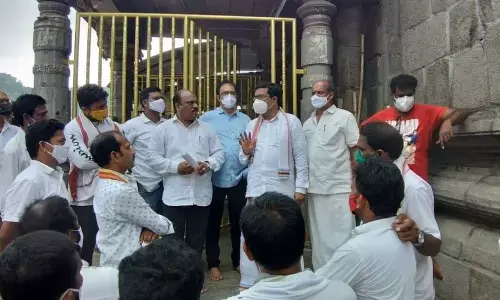 Sri Varaha Lakshmi Narasimha Swamy Devasthanam outsourced employees holding talks with the temple authorities in Visakhapatnam on Wednesday