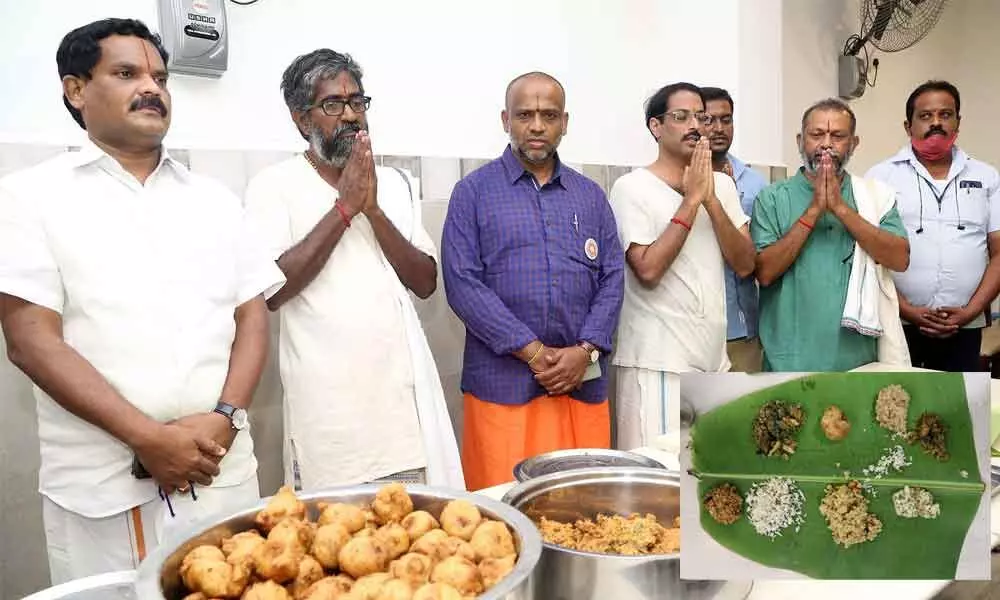 TTD officials ready to serve healthy food to devotees in the name of Sampradaya Bhojanam in Tirumala on Thursday