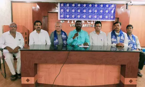 Lok Satta party state executive president B Babji speaking to the media in Visakhapatnam on Thursday