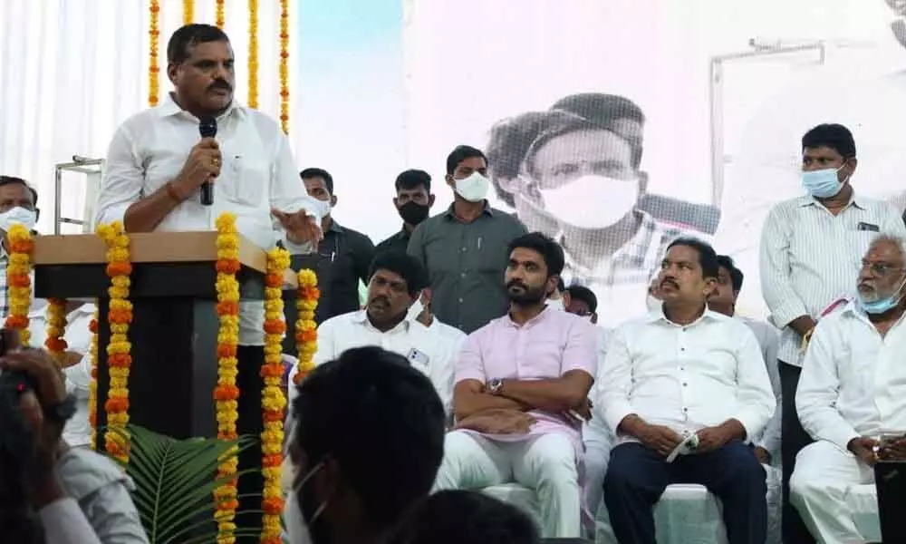 Minister Botcha Satyanarayana addressing a gathering in Rajamahendravaram on Friday