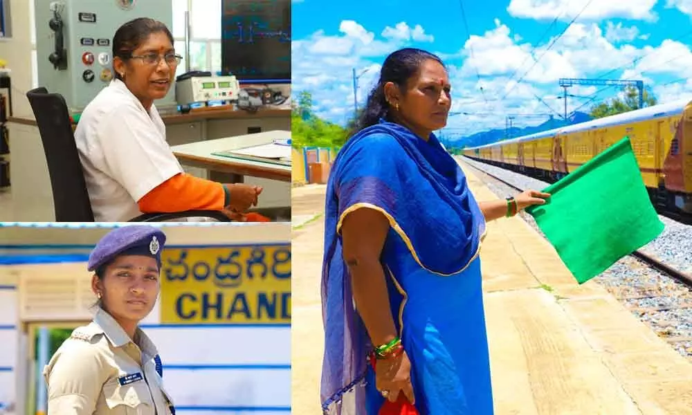 Chandragiri Station Superintendent M Lalitha Usha Rani(Right Top);RPF constable V Swathi Lakshmi guarding the station (Right Bottom); Points woman M Shyamala on duty at the station (Left Pic)