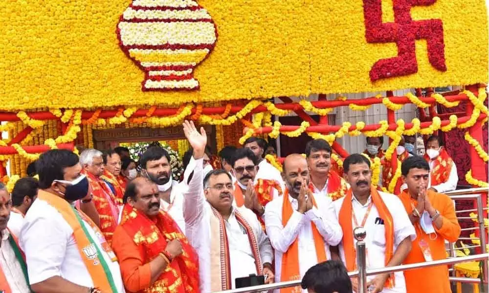 BJP state president Bandi Sanjay launches ‘Praja Sangrama Yatra’ after performing prayers at Bhagyalakshmi temple in the Old City on Saturday