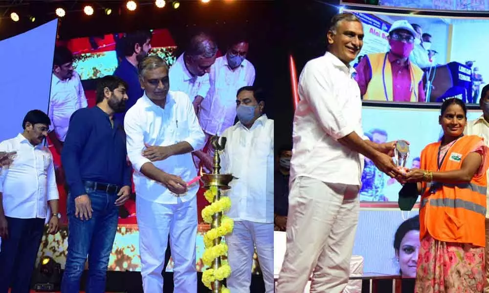 Finance Minister T Harish Rao lighting the lamp at ‘Covid Frontline Warriors CFW Awards’ organised by HMTV. Errabelli Dayakar Rao, Minister for Panchayat Raj and Rural Development, Tollywood hero Srikanth, HMTV CEO S Chandra Sekhar and Chairman K Vaman Rao are also seen on the occasion. Photo: Srinivas Setty(Left Pic); A Alevelu, a GHMC worker (Right Pic)