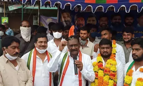 TPCC vice-president and MLA Podem Veeraiah speaking at the Dalit/Girijana Satyagraha in Bhadrachalam on Saturday