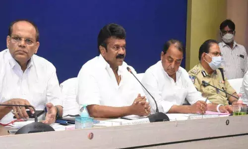 Animal Husbandry Minister Talasani Srinivas Yadav speaking at a review meeting on Ganesh festival, in Hyderabad on Saturday. Endowments Minister A Indrakaran Reddy also seen