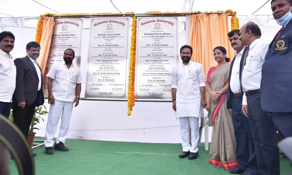 Union Minister for Culture and Tourism G Kishan Reddy at the foundation laying ceremony for sports facilities and women swimming pool at OU campus in Hyderabad on Sunday. Excise Minister V Srinivas Goud, OU Vice-Chancellor Prof D Ravinder and Deputy Mayor Srilatha Reddy also seen