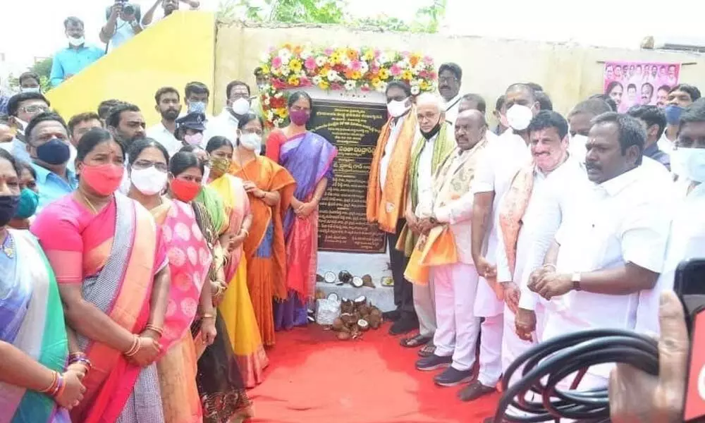 File phot of Minister Sabitha Indra Reddy inaugurating under-construction library in Shamshabad