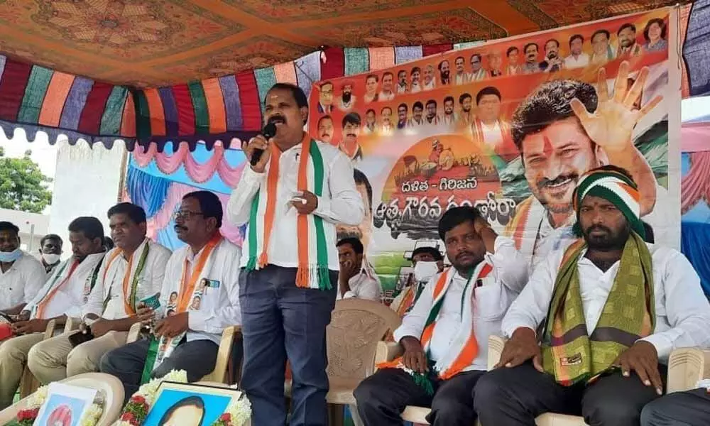 Congress senior leader Veerlapally Shankar speaking at Dalita Girijina Atma Gourava Dandora Sabha at Nagulapalli village on Sunday