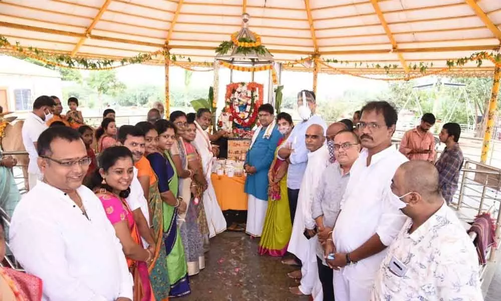 Chairman of TGV Group of Industries T G Bharat participating as chief guest in Krishnashtami celebration at Gayathri Goshala on the outskirts of Kurnool  on Monday
