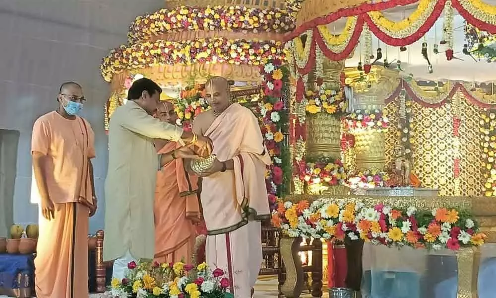 Endowments Minister Velampalli Srinivasa Rao during Krishnashtami celebrations in Vijayawada on Monday