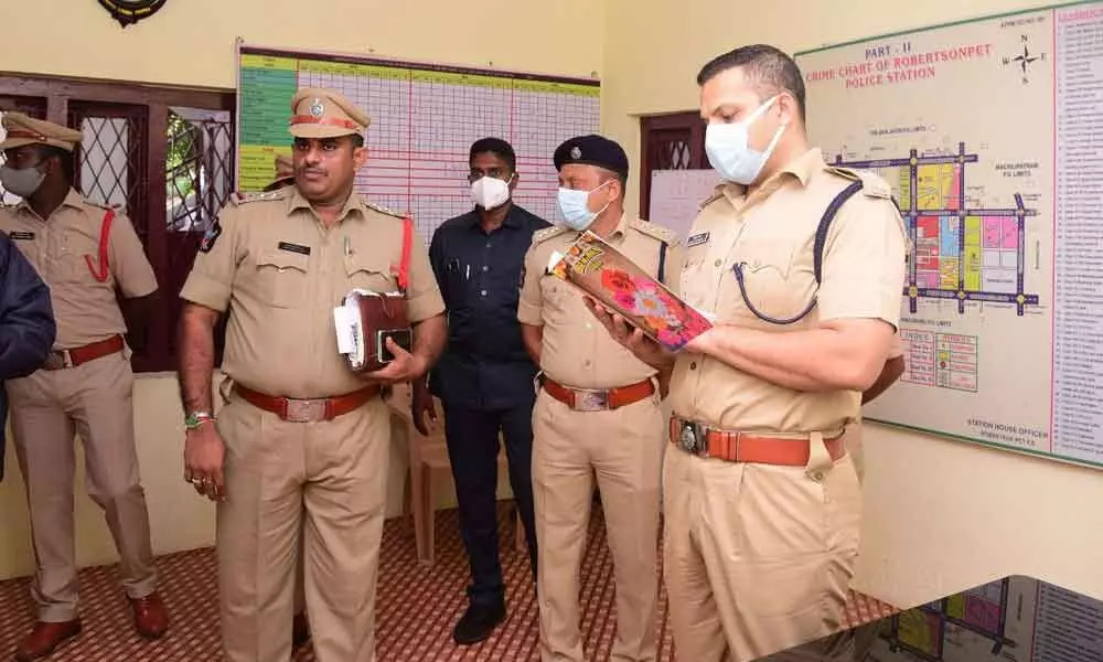 SP Siddharth Kaushal at R Peta police station in Machilipatnam on Monday