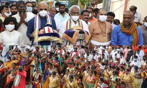 TTD Chairman Y V Subba Reddy, EO K S Jawahar Reddy and others taking part in a procession organised in connection with the launch of Navaneeta Seva at Tirumala on Monday (Top); Srivari Sevakulu taking part in the procession at Tirumala (Bottom)