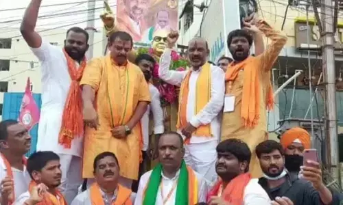 BJP State chief Bandi Sanjay Kumar at Rajendranagar on Monday, the third day of his Praja Sangrama Yatra