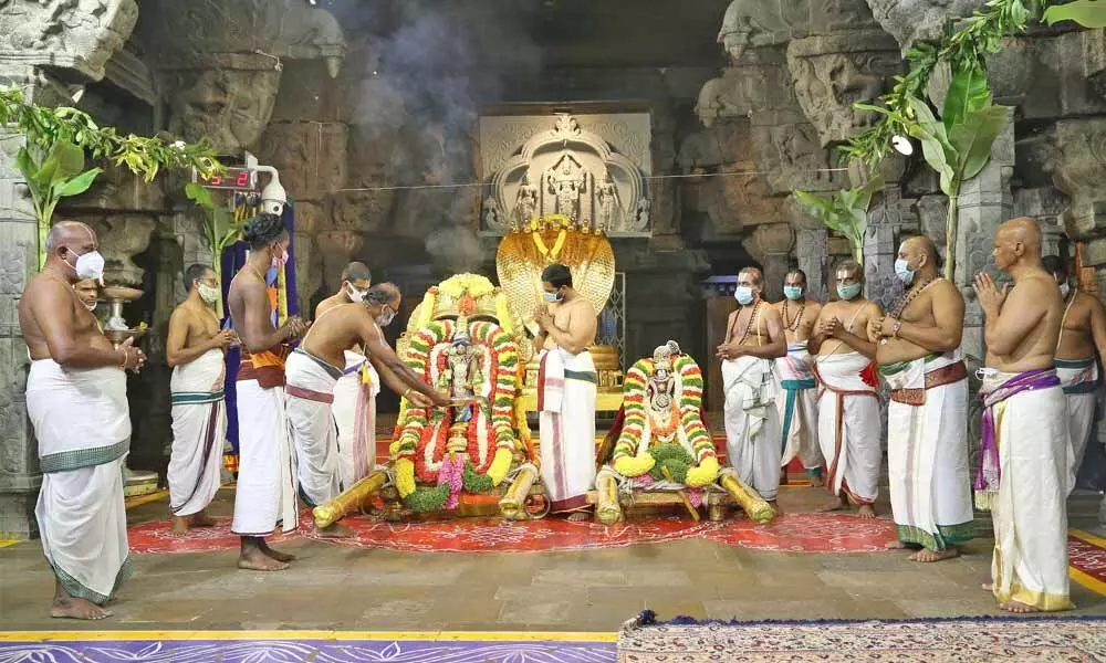 Priests performing Utlotsavam at Tirumala on Tuesday