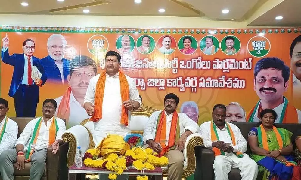 BJP SC Morcha president G Devanand speaking at the meeting in Ongole on Tuesday