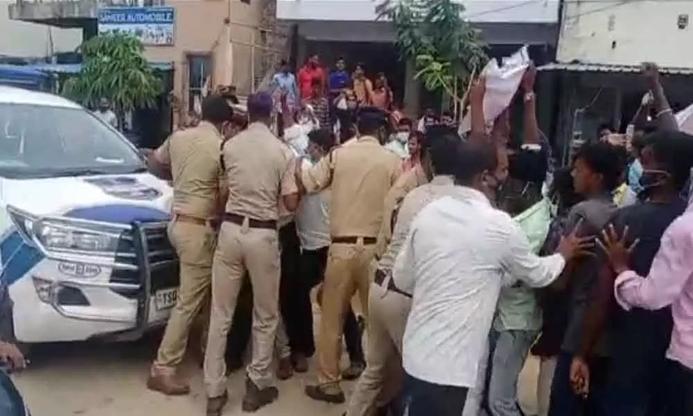 Police dispersing protesting villagers in Bhuneedu village on Tuesday