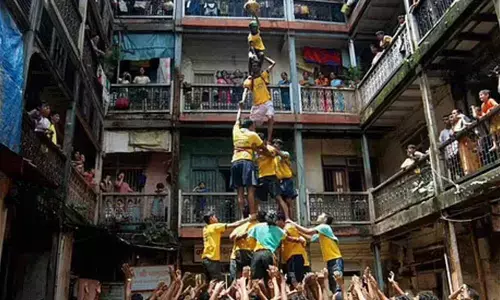 File photo of Dahi Handi during Janmashtami celebrations at Lalbug in Mumbai. (Photo | PTI)