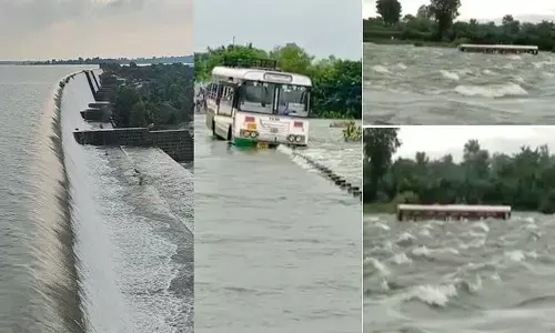 RTC bus washes away in Manair Vagu near Lingannapet amid heavy floods