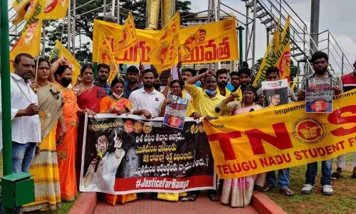 TDP’s parliamentary committee representatives staging a protest highlighting the lapses in the Disha Act in Visakhapatnam on Tuesday