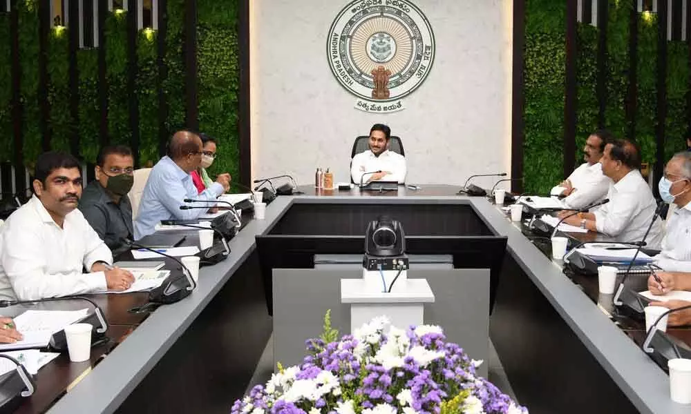 Chief Minister Y S Jagan Mohan Reddy holding a review meeting on agriculture and allied sectors at his camp office in Tadepalli  on Wednesday