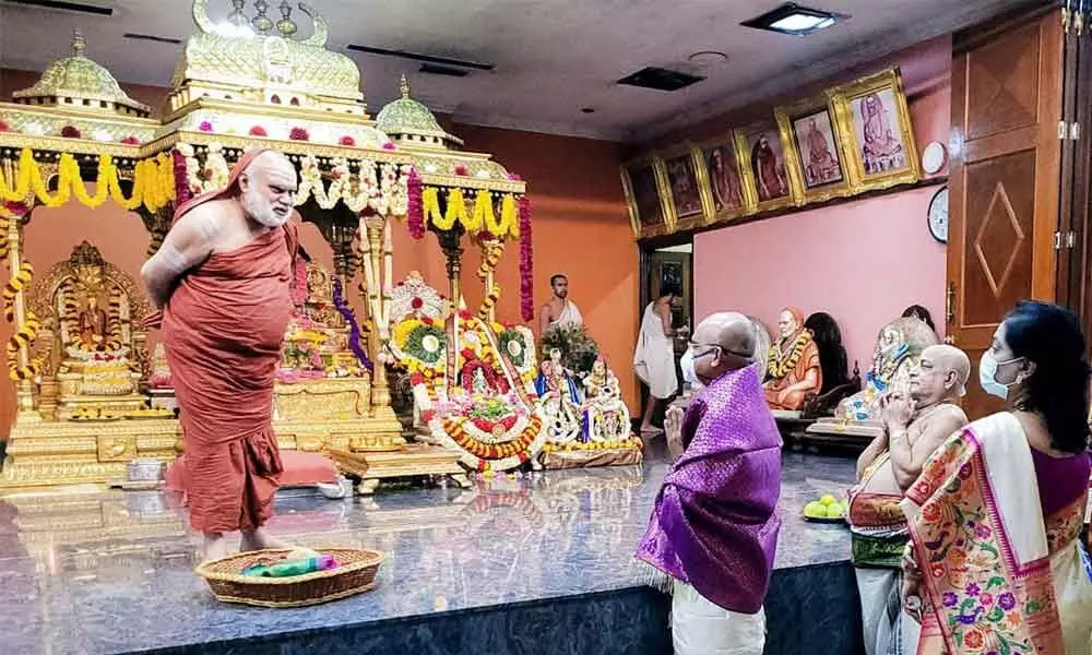 TTD EO Dr KS Jawahar Reddy having darshan of Sringeri Sarada Peetham seer Sri Bharathitheertha Mahaswami  at Sringeri in Karnataka  on Wednesday