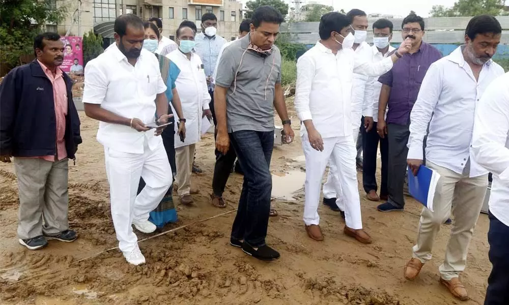 KT Rama Rao, V Prashanth Reddy, who are already in Delhi, inspected the 1,300 sq yard land allotted to the party at Vasanth Vihar on Wednesday.