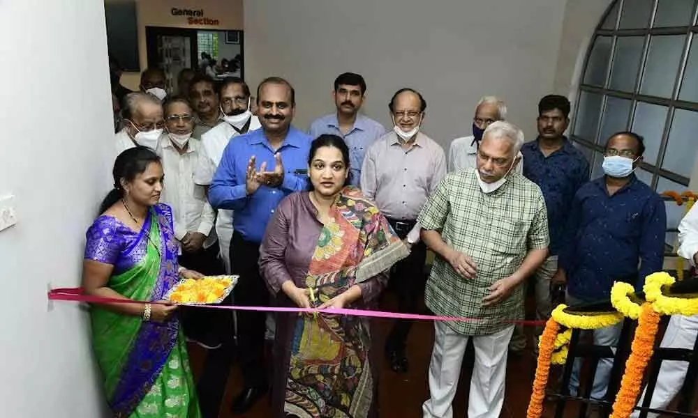 GVMC Commissioner G Srijana inaugurating the newly-developed floor at Visakhapatnam Public Library on Wednesday