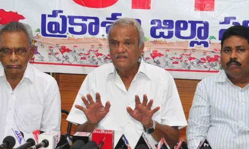 CPI National Council Secretary K Narayana and Prakasam District Secretary ML Narayana speaking at the press meet in Ongole on Wednesday