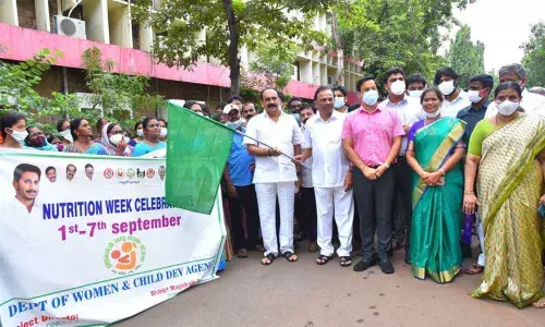 Minister Balineni Srinivasa Reddy and MP Magunta Srinivasulu Reddy flagging off the nutrition week rally in Ongole on Wednesday