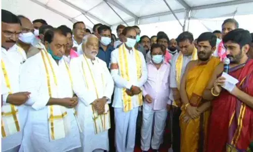 CM KCR on Thursday conducted a bhumi puja for the construction of the TRS Bhavan party office to be set up at Vasant Vihar in Delhi