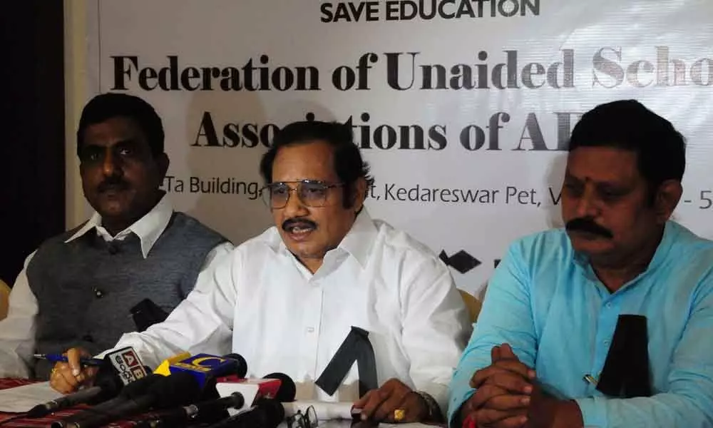 KSN Murthy, the chairman of Andhra Pradesh Private Schools Association, addressing the media in Vijayawada on Friday