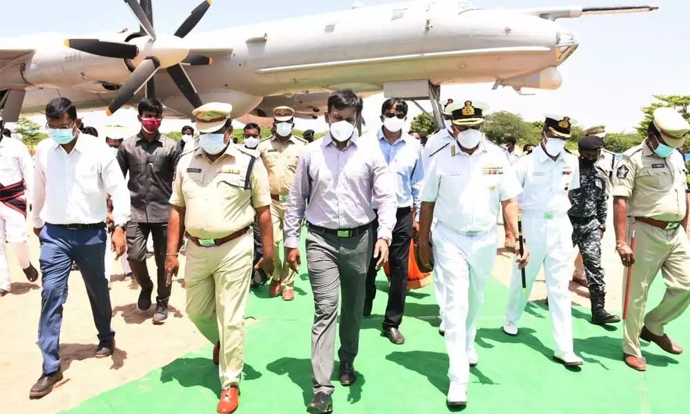 Eastern Naval Command (ENC)  Flag officer commanding- in-chief Vice-Admiral Ajendra Bahadur Singh inspecting the TU-142 M Aircraft museum works along with District Collector Chevuri Hari Kiran and SP M Ravindranath Babu at Beach Park in Kakinada on Saturday