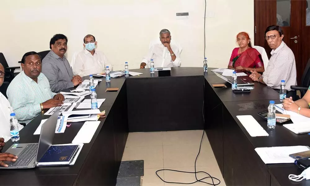 Minister for Panchayat Raj and Rural Development Peddireddy Ramachandra Reddy holding a meeting with officials at the Secretariat at Velagapudi on Saturday