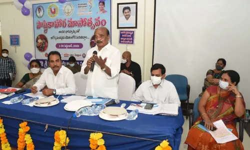 MP N Reddappa speaking at a programme held at ZP Meeting Hall in Chittoor on Saturday. MLA A Srinivasulu and others are also seen.