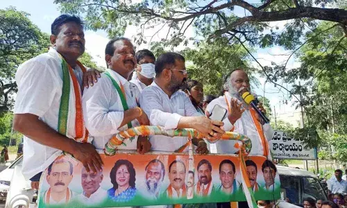 TPCC working president and MLA T Jagga Reddy addressing a rally as part of the Dalit-Girijana Atma Gourava Dandora in Hasanparthi on Saturday