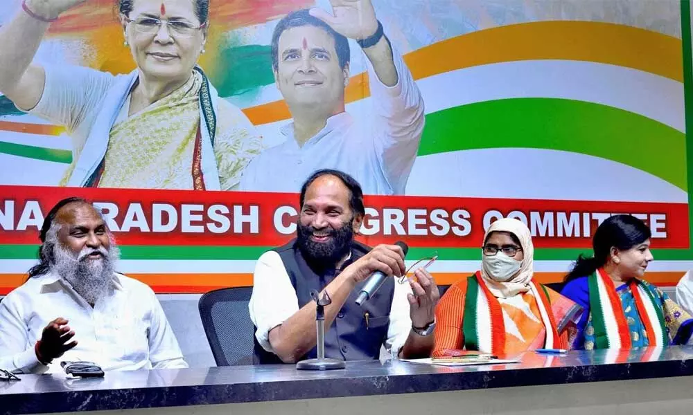 (From left to right) TPCC working president Jagga Reddy, former PCC president and MP N Uttam Kumar Reddy, Women Congress Telangana in-charge Fatima, and Women Congress president Sunita Rao at a press meet at Gandhi Bhavan in Hyderabad on Sunday