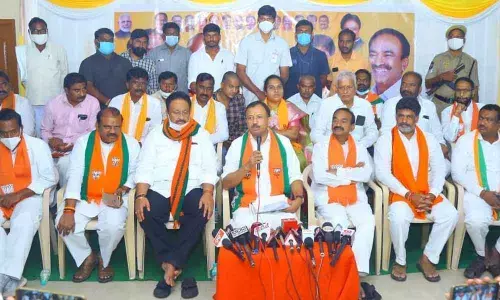 Union Minister of State for External Affairs V Muraleedharan addressing a press conference in Huzurabad on Sunday