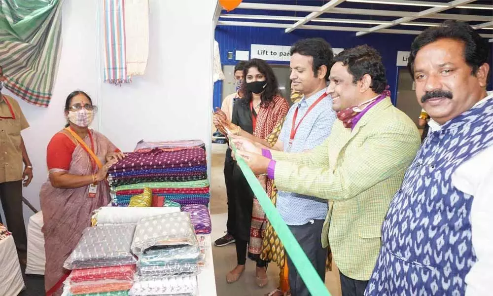 CRO, Telangana IT Department Amarnath Reddy Atmakuri inaugurating handloom mela at IKEA in Hyderabad on Monday