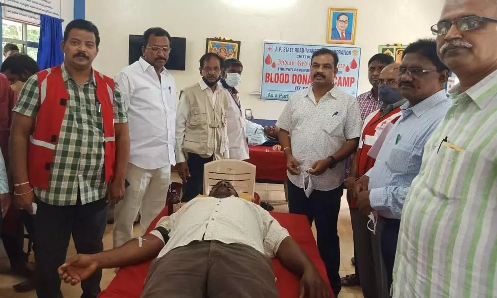 RTC employees donating their blood at Alipiri depot in Tirupati as part of safety week celebrations on Tuesday.