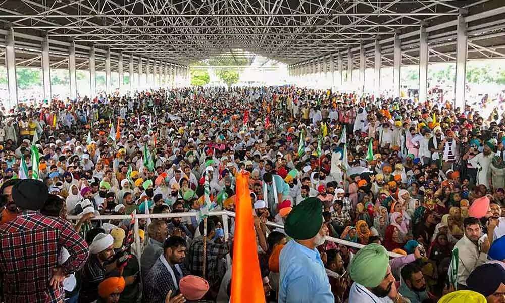 Around twenty thousand farmers gather to attend Kisan Mahapanchayat against Centres farm laws, in Karnal on Tuesday
