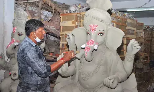 The couple D Narasimha Rao and Pushpa decorating eco-friendly Ganesh idols for selling in Khammam