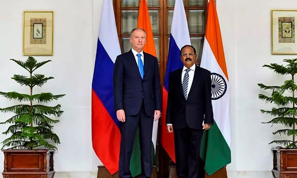 NSA Ajit Doval meets Secretary of the Russian Security Council General Nikolai Patrushev in New Delhi on Wednesday
