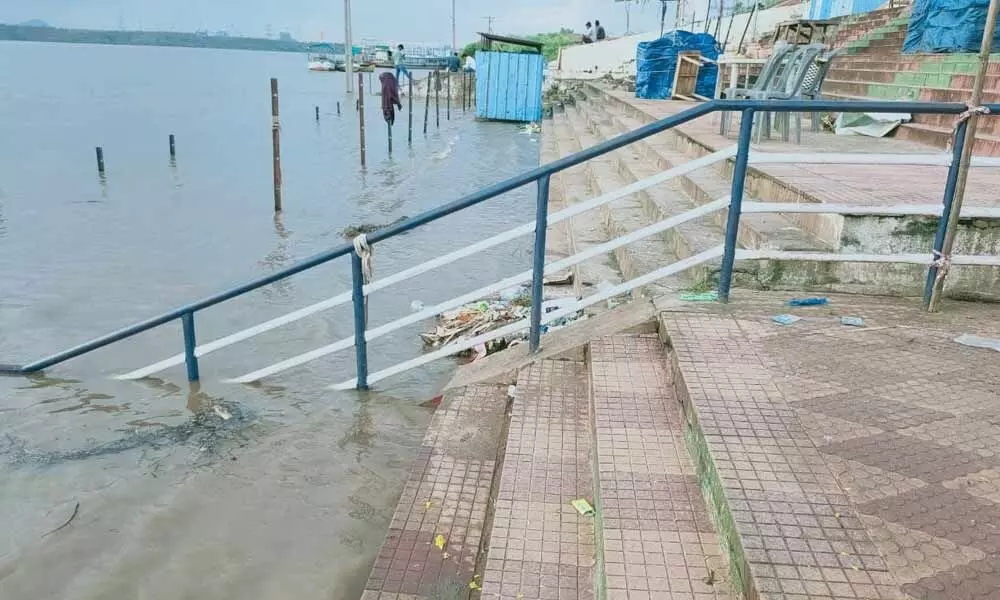 The ghats submerged with floodwater in temple town Bhadrachalam on Wednesday