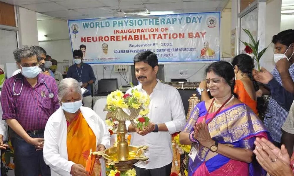 MP Dr M Gurumoorthy, SVIMS Director  Dr B Vengamma and  others taking part in the inaugural function of ‘Neuro Rehabilitation Bay’ at SVIMS in Tirupati  on Wednesday