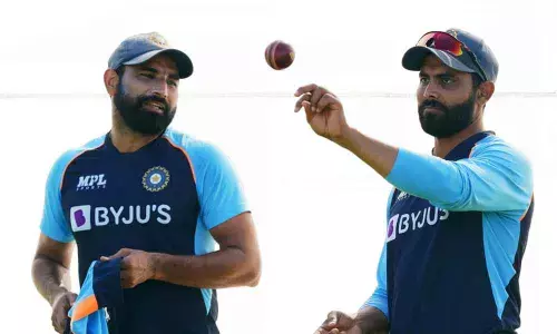 Indias Mohammad Shami (left) and Ravindra Jadeja during the nets session at Old Trafford, Manchester, England, Wednesday Sept. 8, 2021 ahead of the fifth cricket test against England