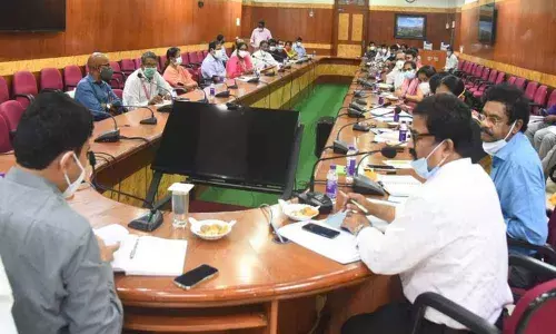 District Collector A Mallikarjuna discussing with the officials concerned about the blood donation camps in Visakhapatnam on Saturday
