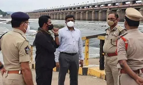 District Collector J Nivas, Commissioner of Police B Srinivasulu and Municipal Commissioner Prasanna Venkatesh inspecting the arrangements for the immersion of Lord Ganesh idols near Seetamma padalu, downstream of Prakasam barrage in Krishna river, Vijayawada on Saturday