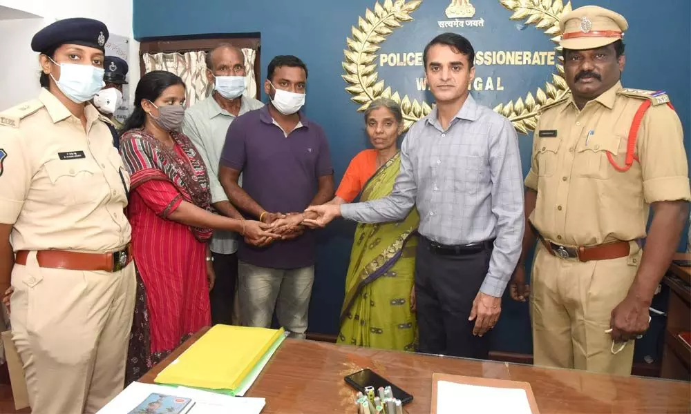 Commissioner of Police Tarun Joshi reuniting a woman with her family members in Hanumakonda on Sunday