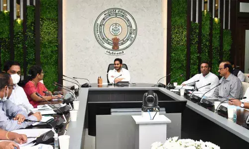Chief Minister Y S Jagan Mohan Reddy holding a review meeting on skill development and training at his camp office in Tadepalli on Monday. Industries Minister M Goutham Reddy and others are seen